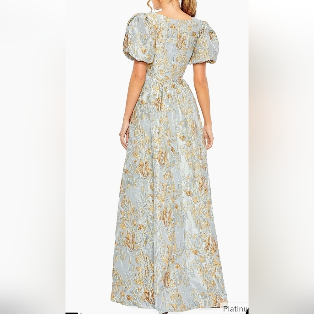 NWT MAC DUGGAL Puff Sleeve Brocade Gown Light Blue Hi Low Hem Size 14 - Picture 2 of 15